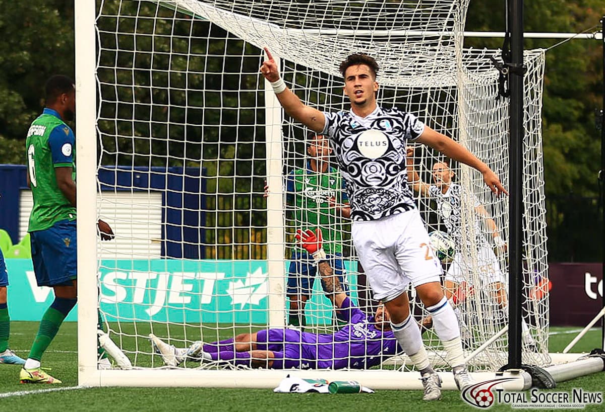 Player celebrating a goal during Pacific FC match