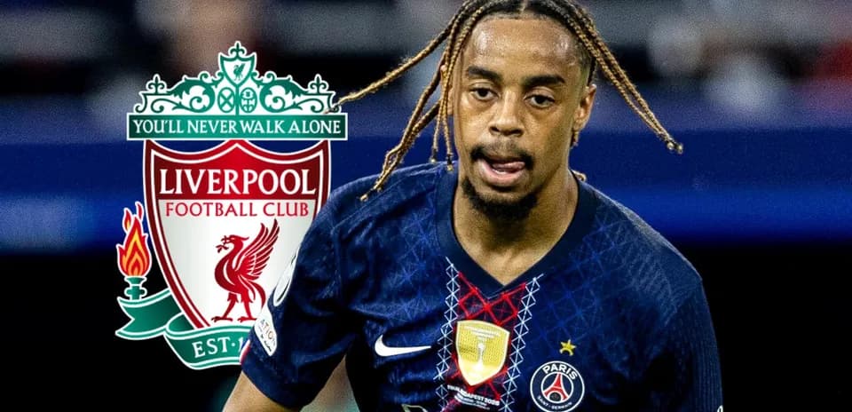 Player in PSG kit with Liverpool logo in background