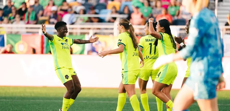 Celebration after goal by Boston Legacy W players