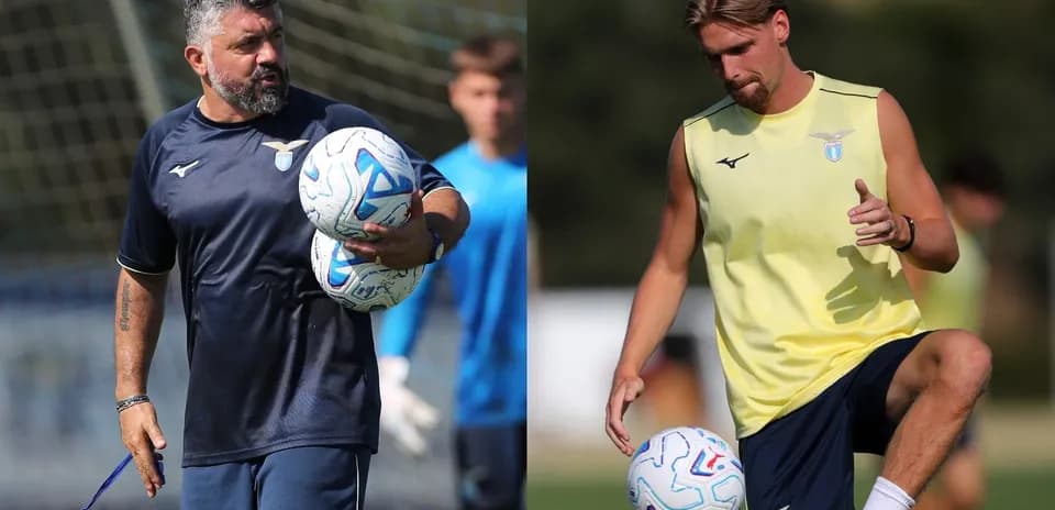 Lazio coach and player training with footballs