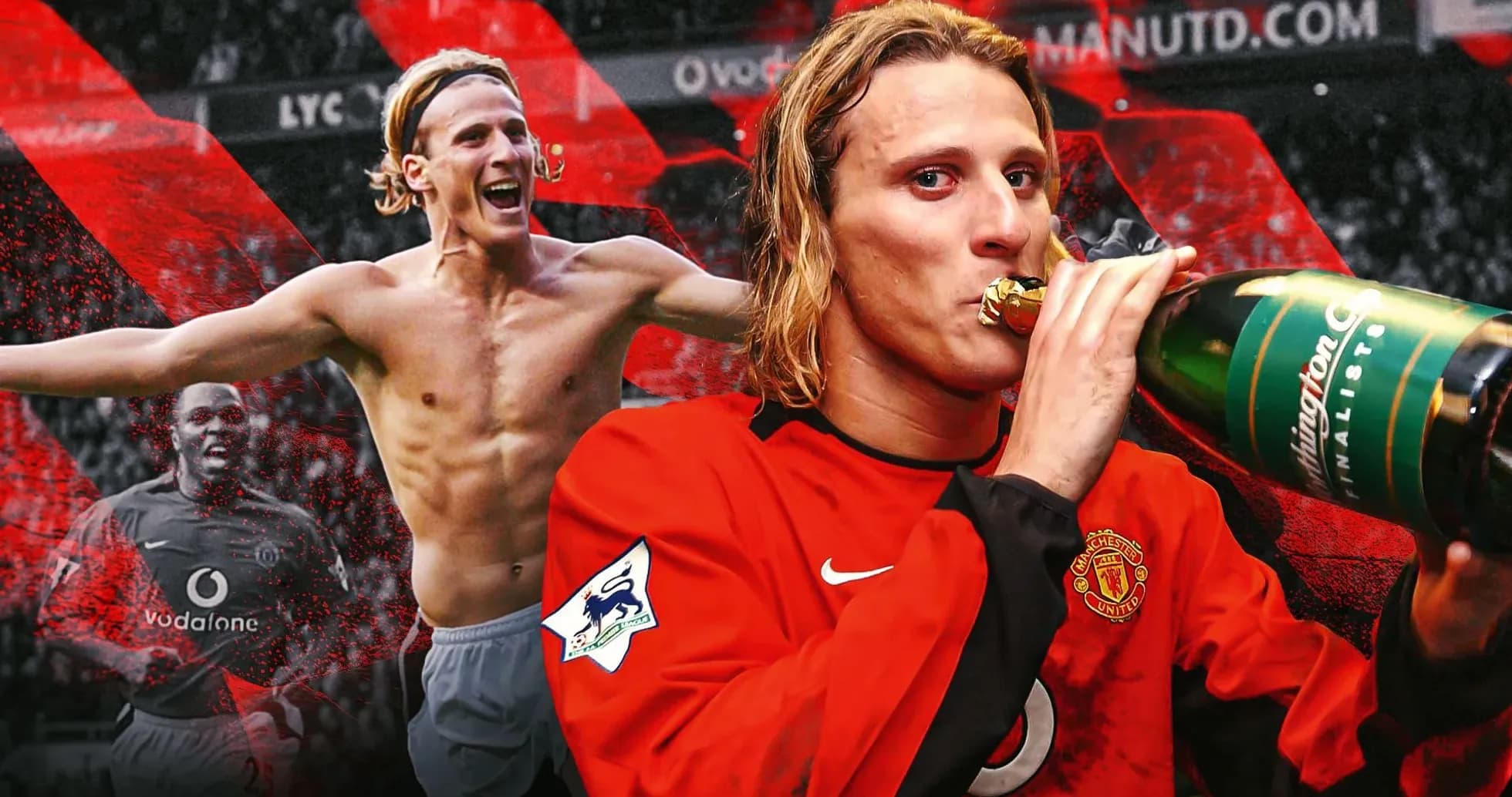 Player celebrating with champagne in Manchester United kit