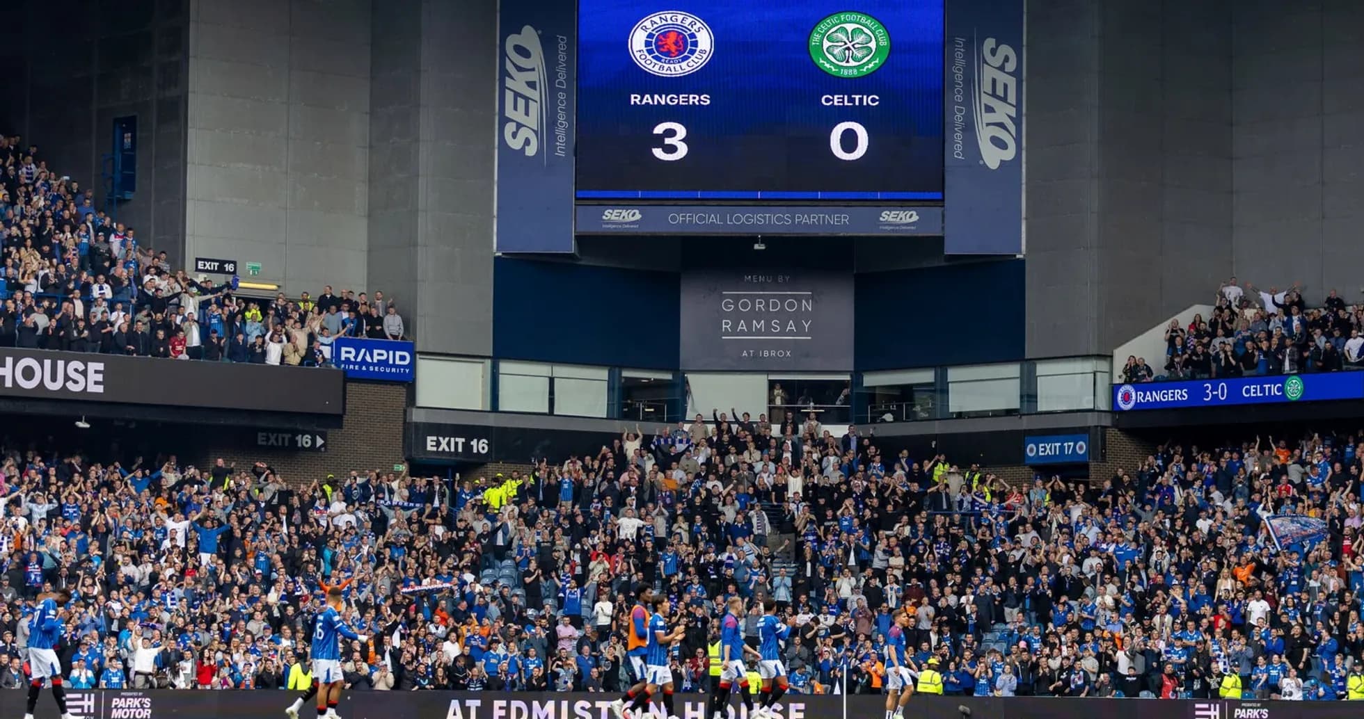 Rangers leading Celtic 3-0 on stadium scoreboard