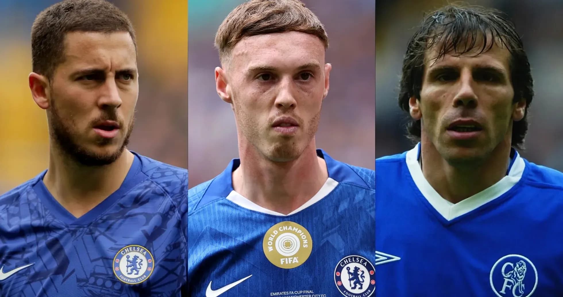Three Chelsea players in blue kits, focused expressions