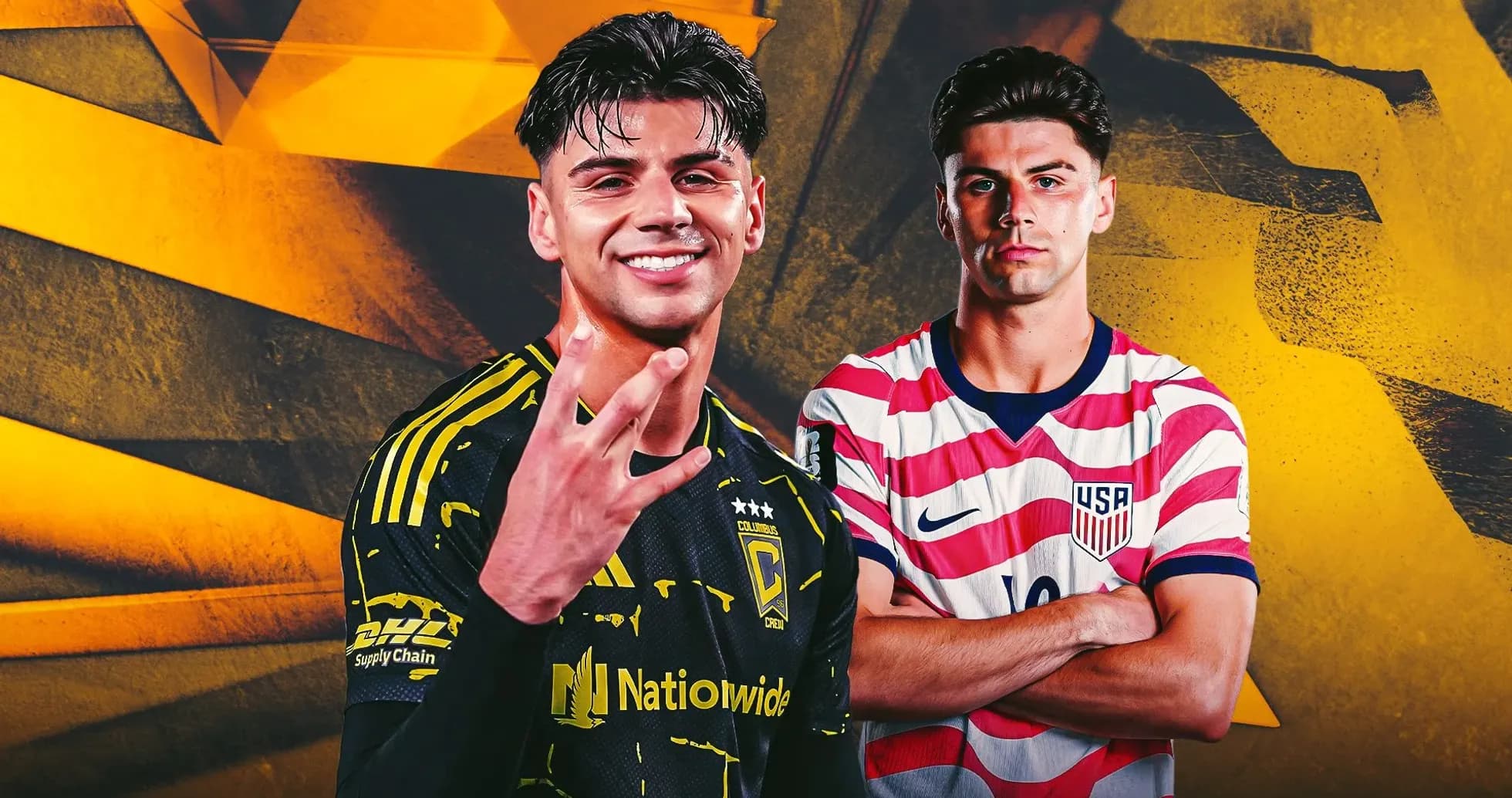 Two soccer players posing with team jerseys