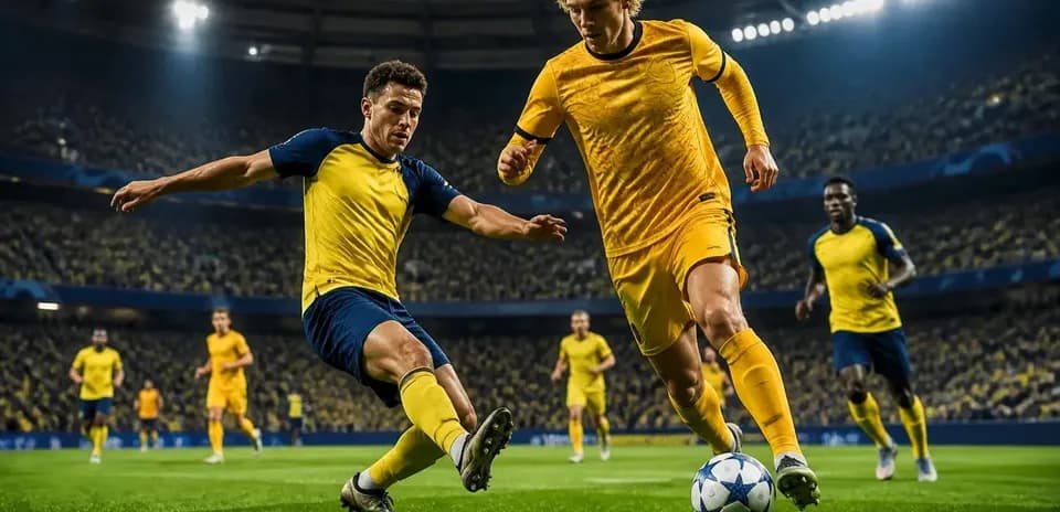 Players competing for the ball in football match