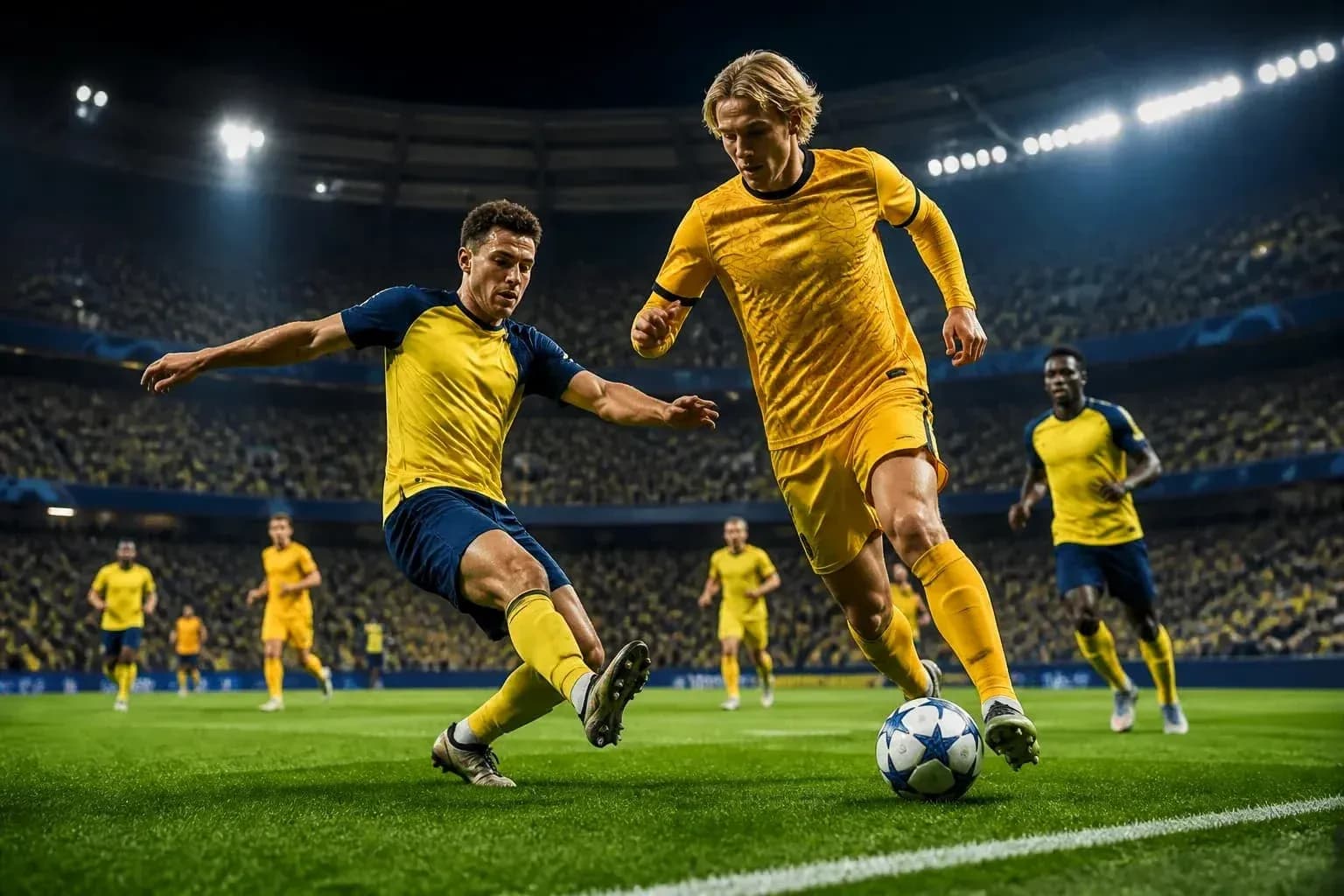 Players competing for the ball in football match
