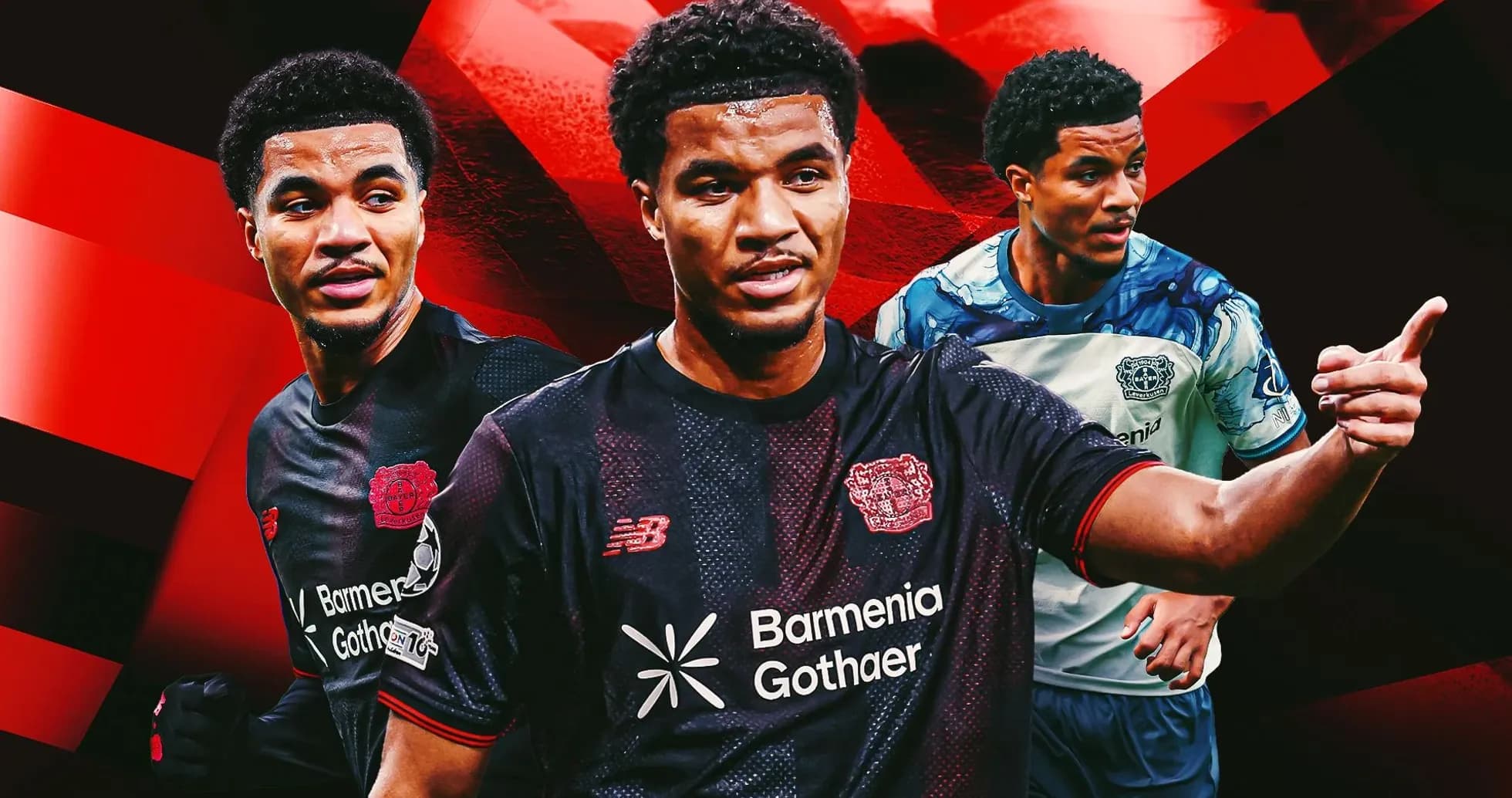 Player in multiple poses wearing Bayer Leverkusen kit