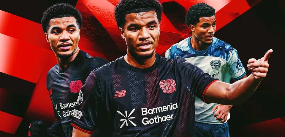 Player in multiple poses wearing Bayer Leverkusen kit