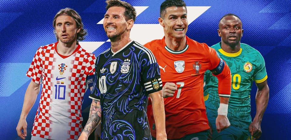 Four famous football players in national team jerseys