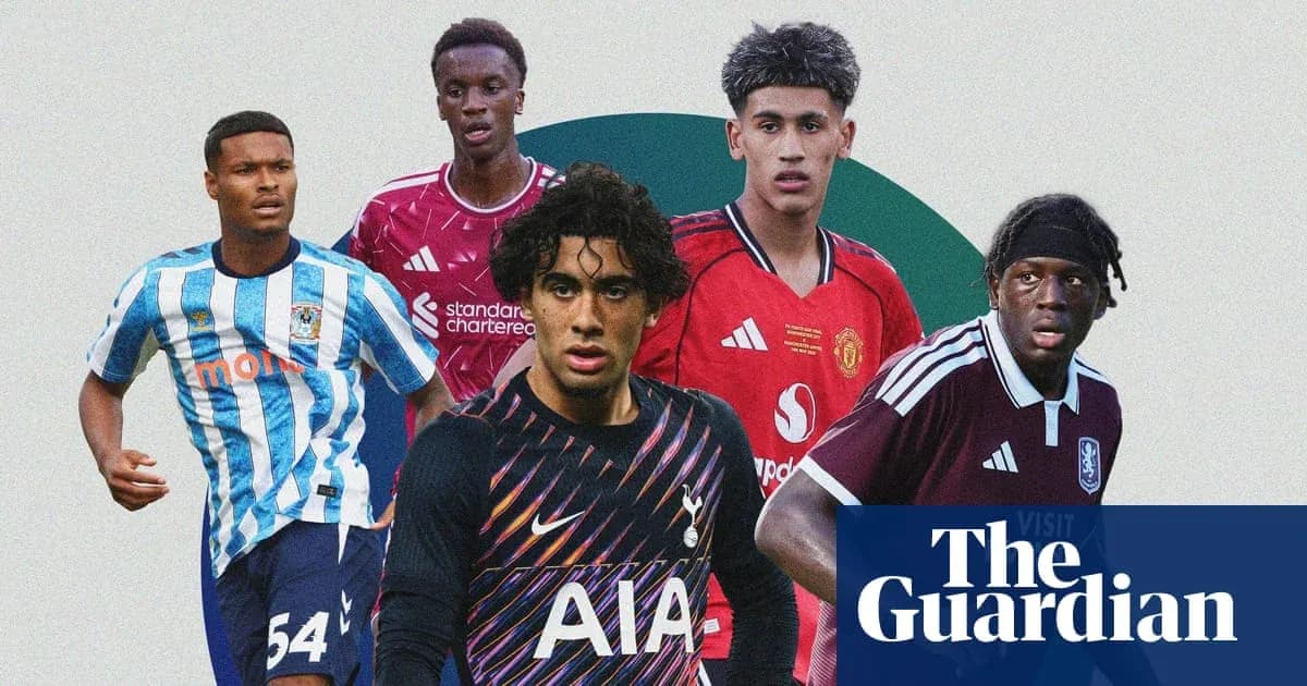 Five young football players in team jerseys