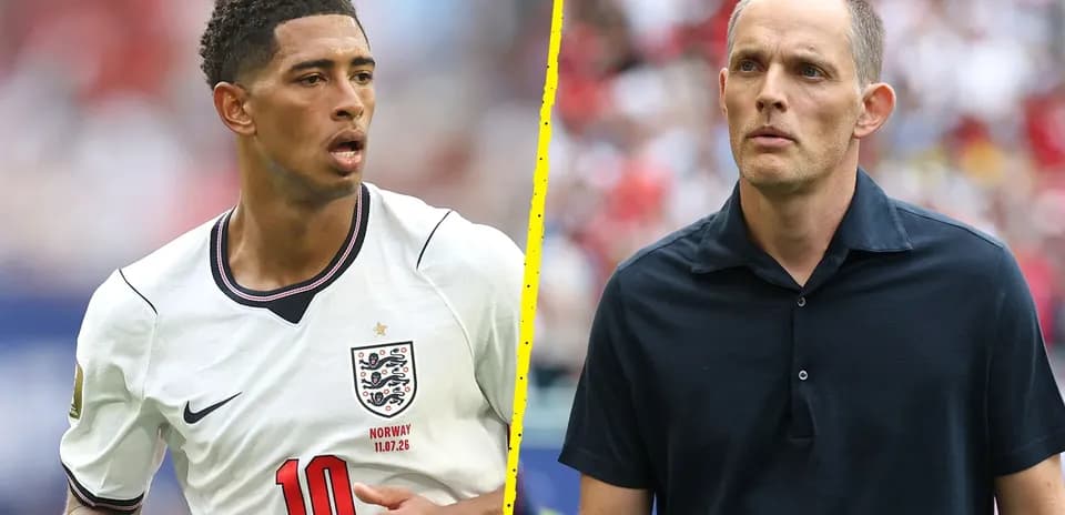 Jude Bellingham playing for England, Thomas Tuchel observing