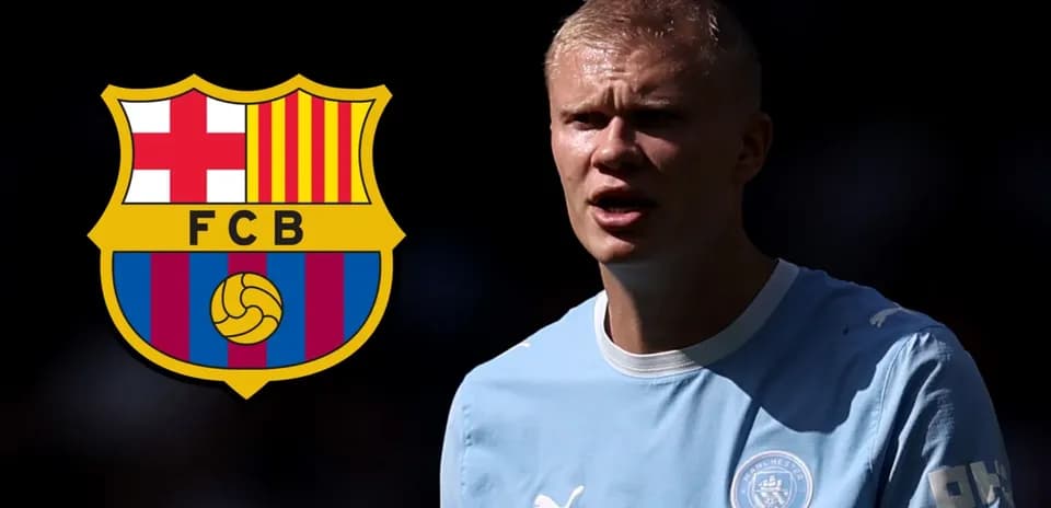 Player in Manchester City kit next to Barcelona logo