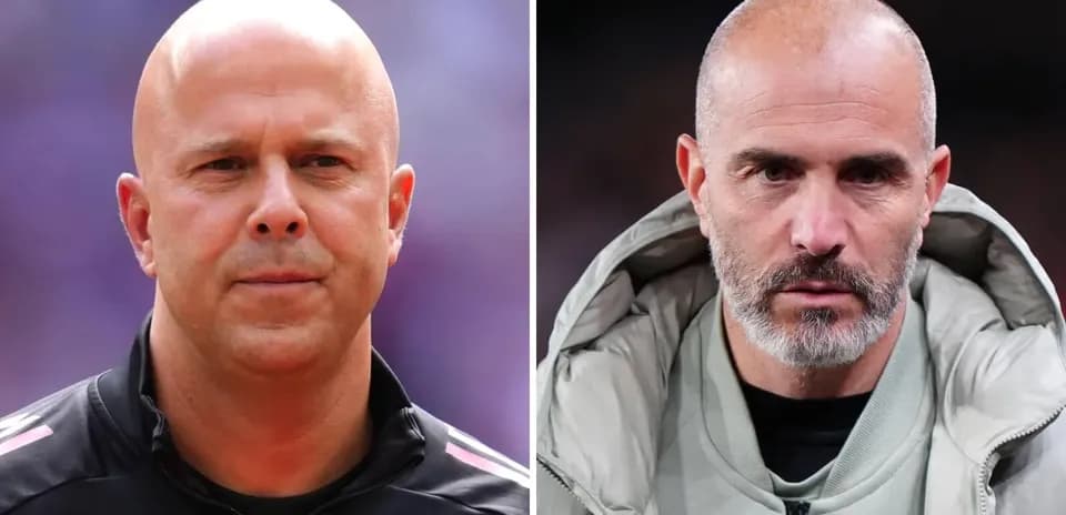 Two football managers posing for a split image
