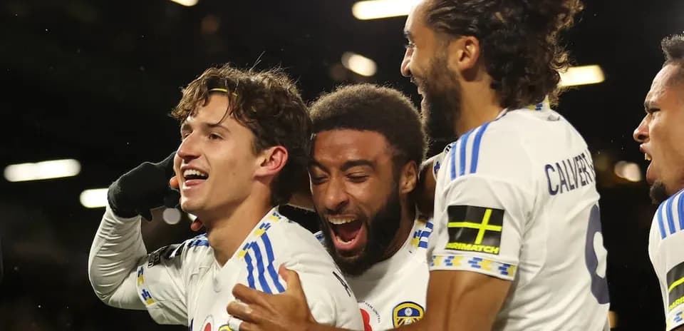 Leeds players celebrating a goal during match