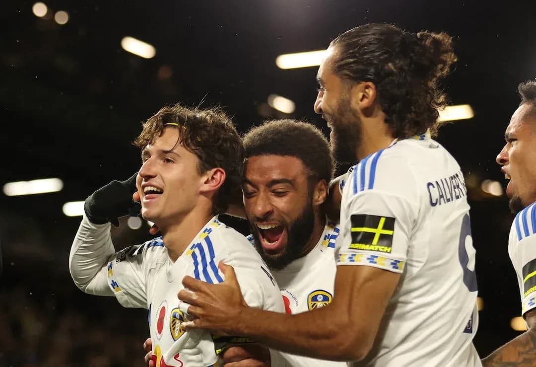 Leeds players celebrating a goal during match