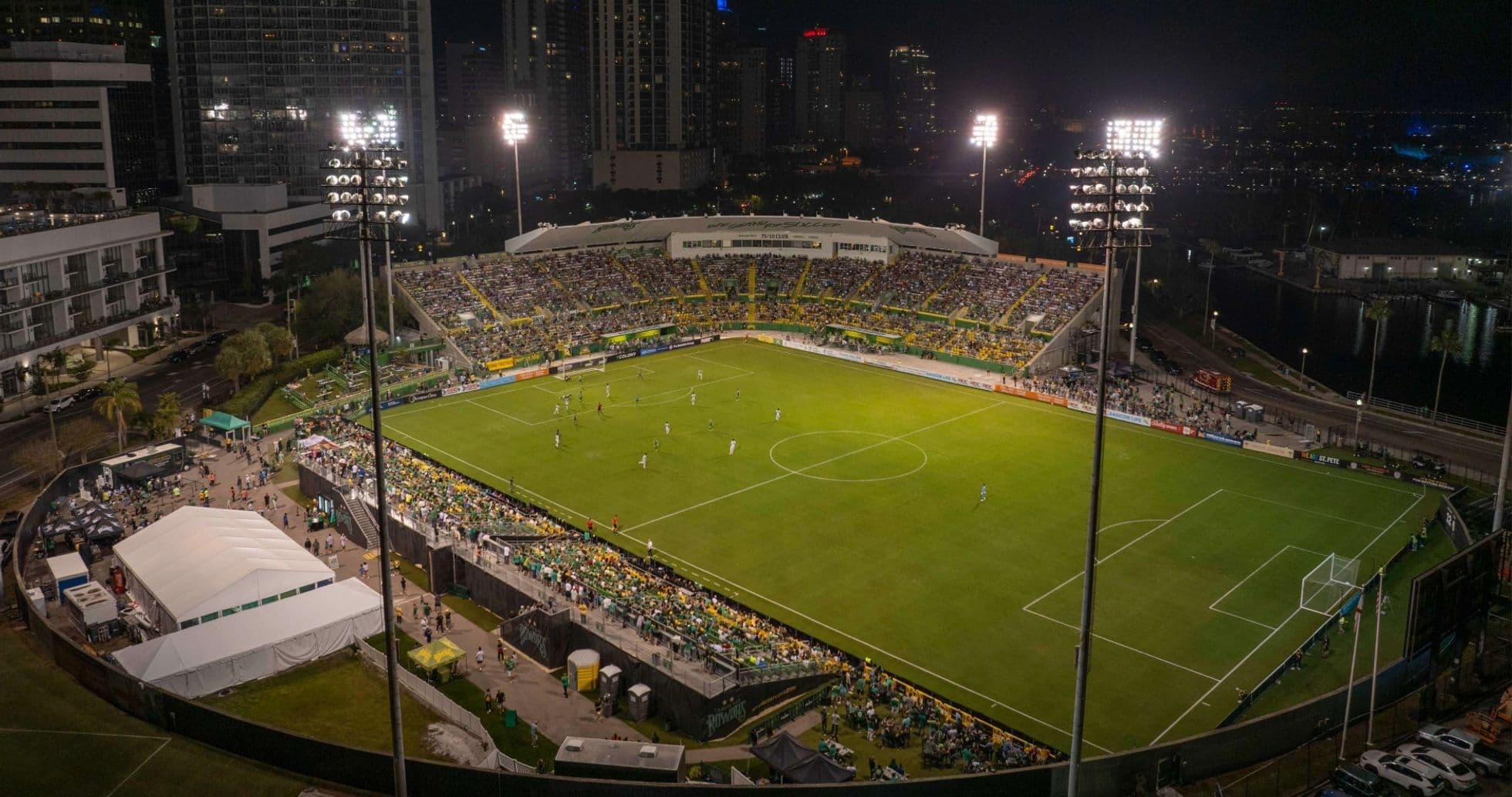 Aerial view of football match at night