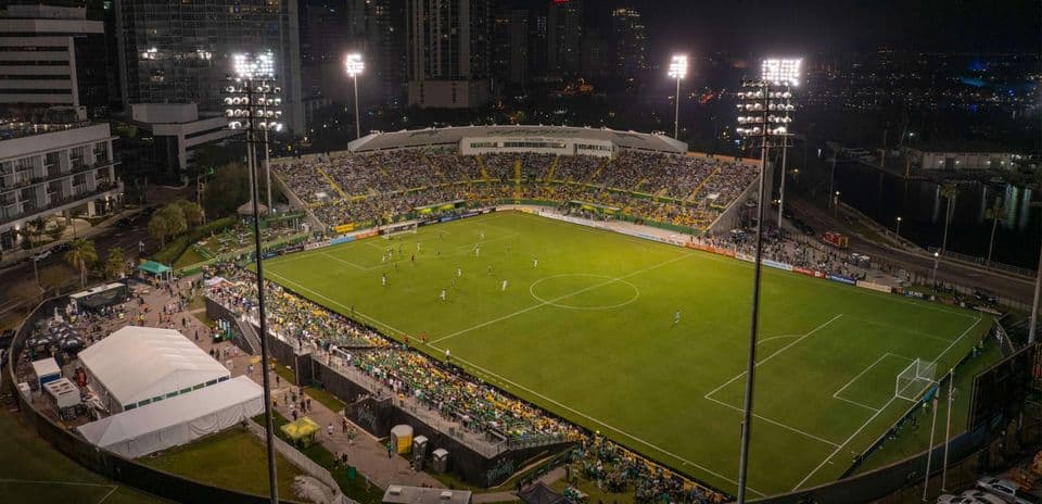 Aerial view of football match at night