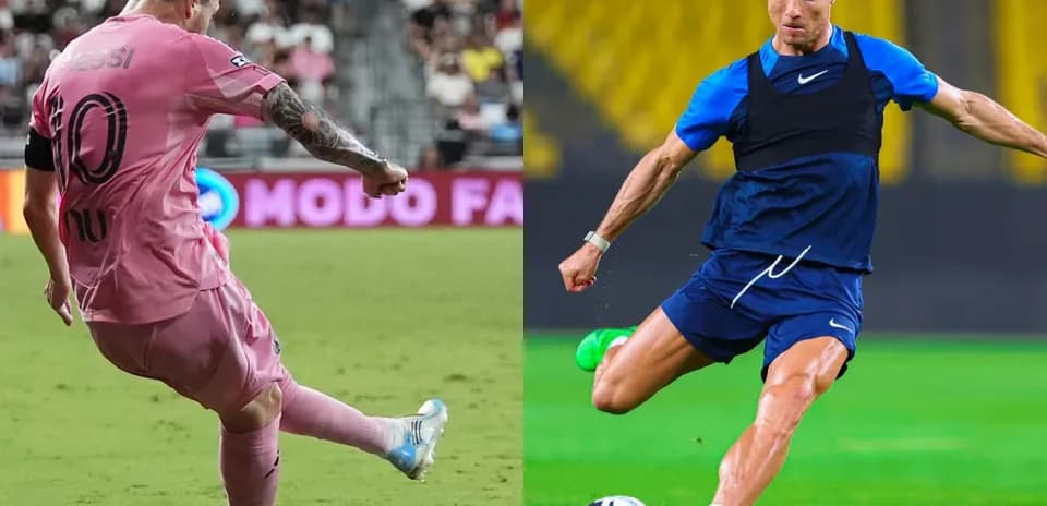 Messi kicking the ball; Ronaldo in training