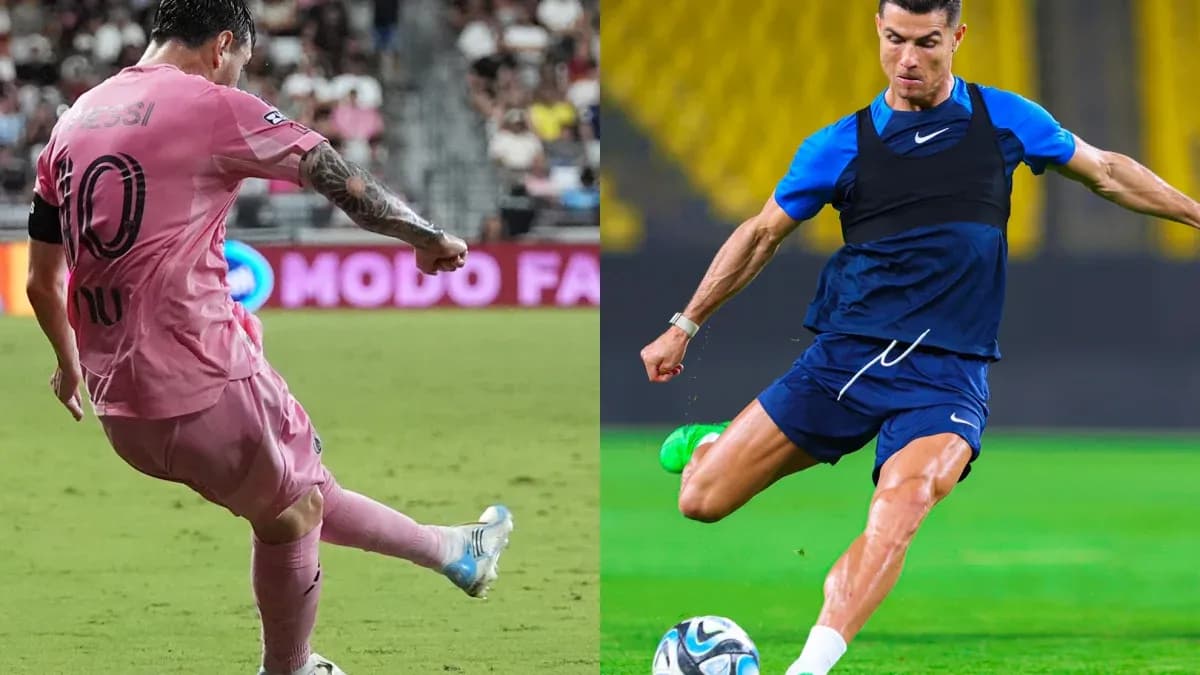 Messi kicking the ball; Ronaldo in training