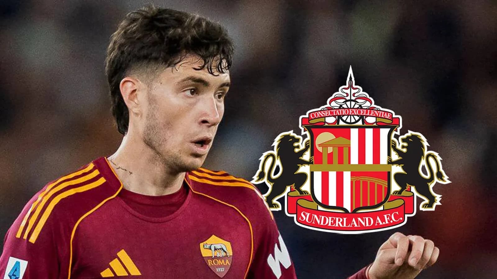Player in Roma jersey with Sunderland logo overlay