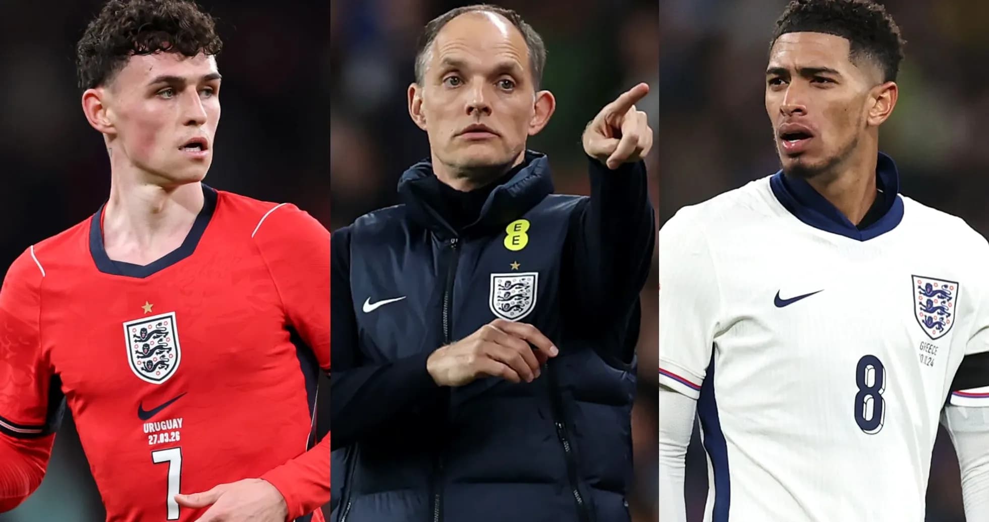 Three football players in England kits during match