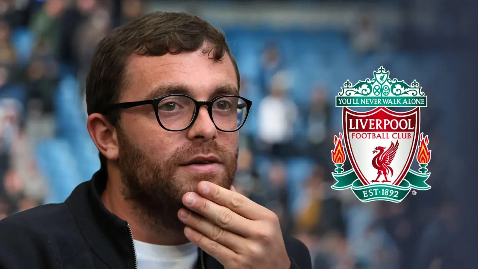Man with glasses in stadium, Liverpool logo background