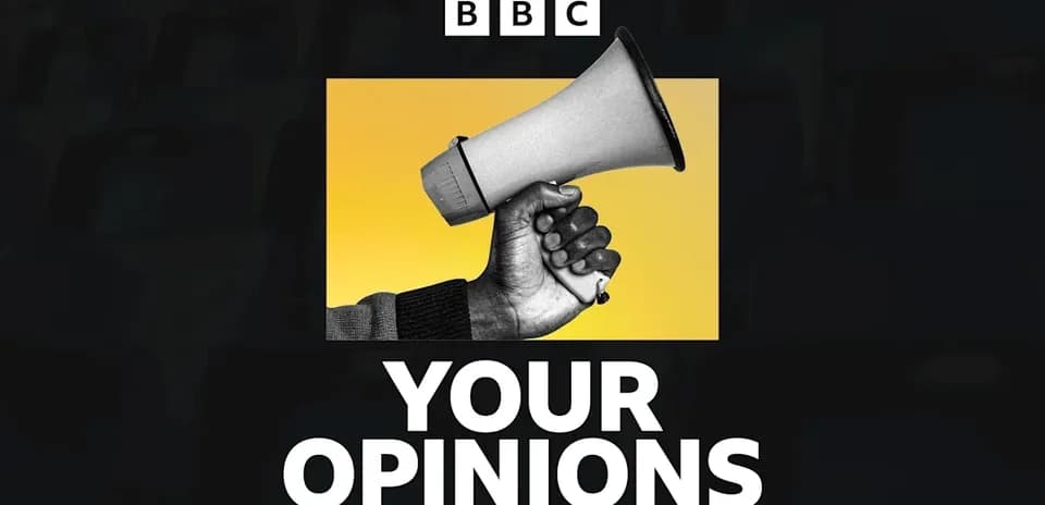 Hand holding a megaphone with text 'YOUR OPINIONS'