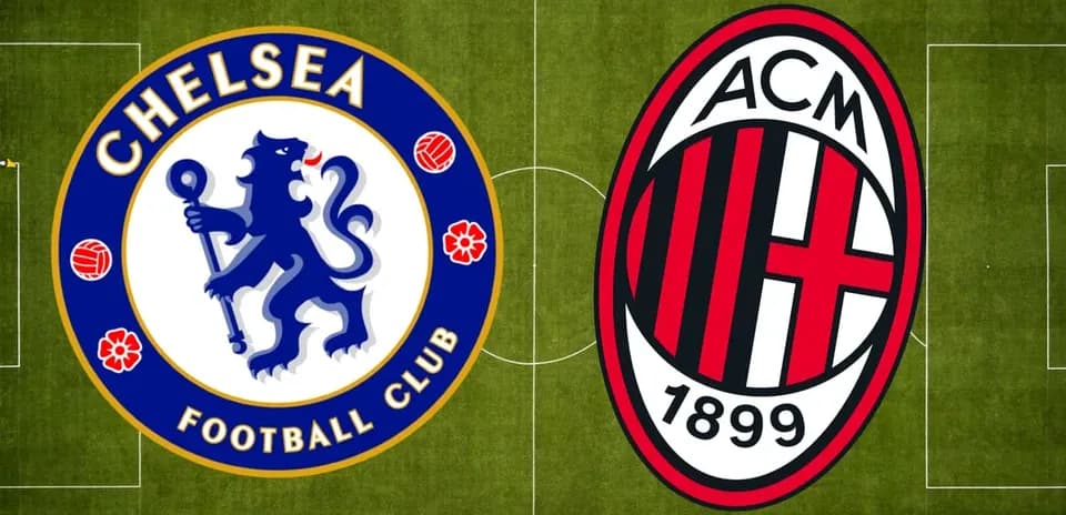 Chelsea and AC Milan logos on football pitch
