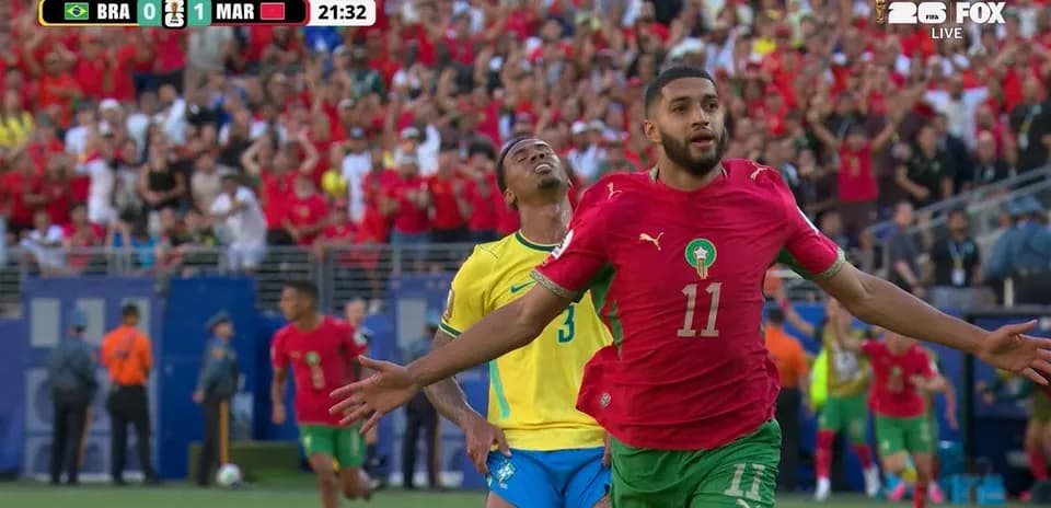Morocco player celebrates scoring against Brazil