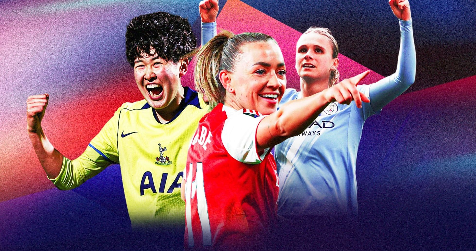 Three female football players celebrating together