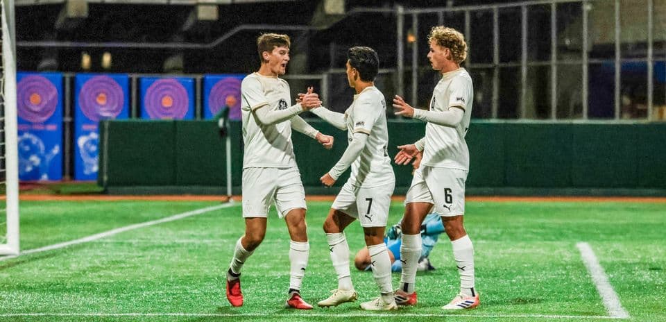 Players celebrating a goal during match