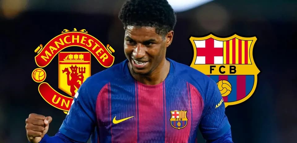 Player celebrating with Manchester United and Barcelona logos