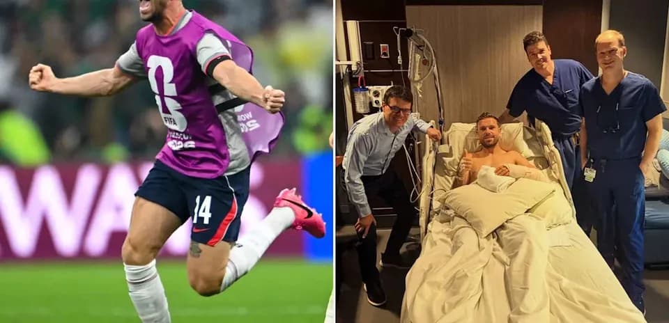 Player celebrating on field and in hospital bed