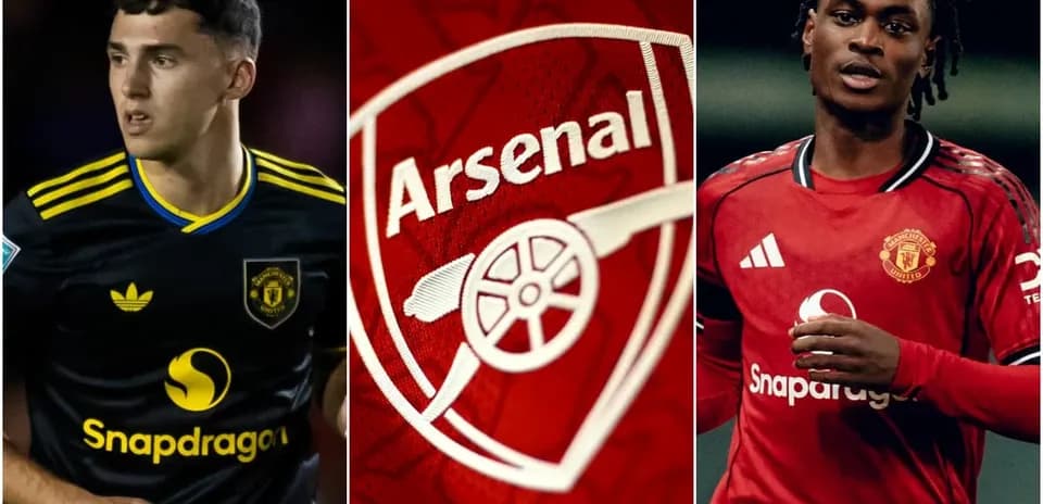 Players from Manchester United and Arsenal club logos