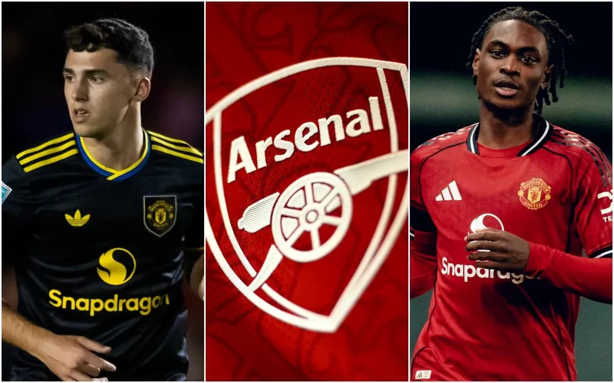 Players from Manchester United and Arsenal club logos