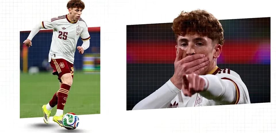 Player in Spain kit dribbling and celebrating a goal