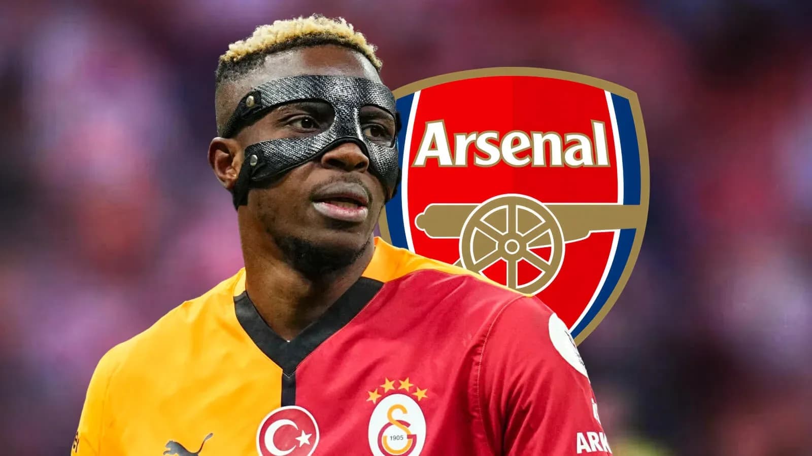 Player wearing mask in Galatasaray jersey with Arsenal logo