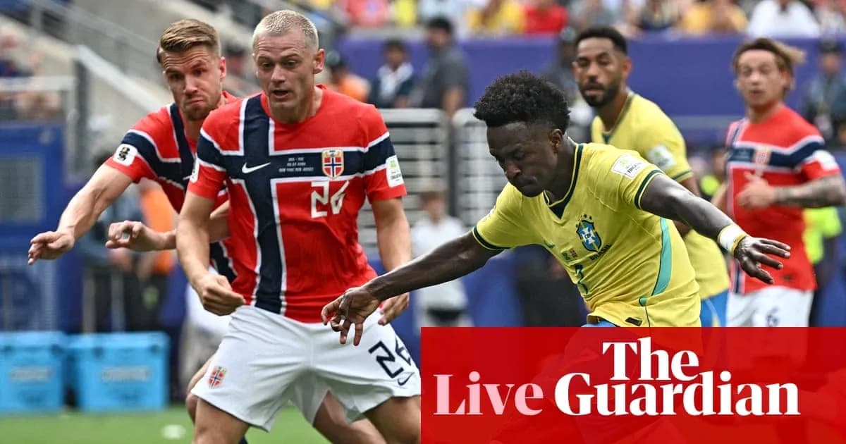Brazilian player dribbling past Norwegian defenders