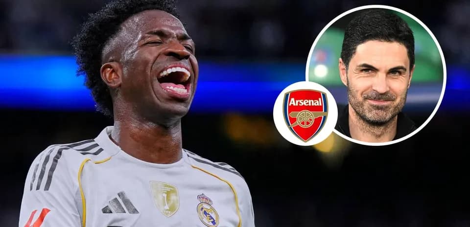 Vinícius Júnior celebrating a goal with Arsenal logo
