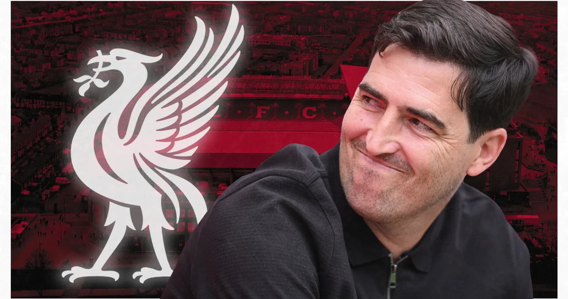 Man smiling with Liverpool logo in background