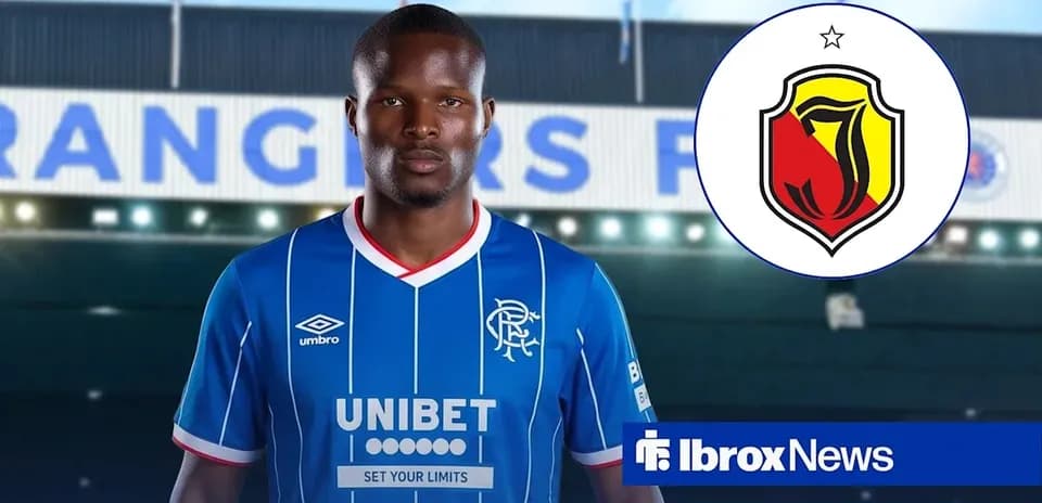 Player in Rangers jersey with club logo background