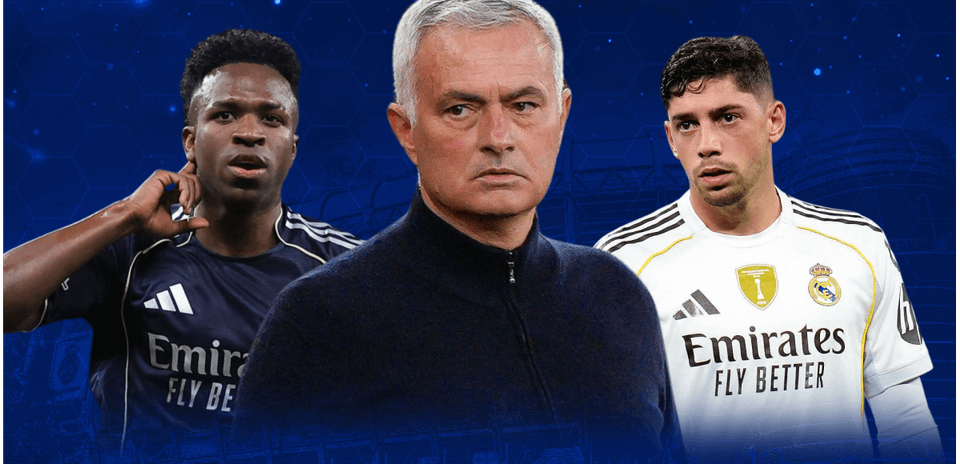 Vinicius Jr., Jose Mourinho, and Fede Valverde in focus