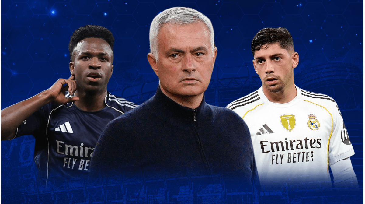 Vinicius Jr., Jose Mourinho, and Fede Valverde in focus