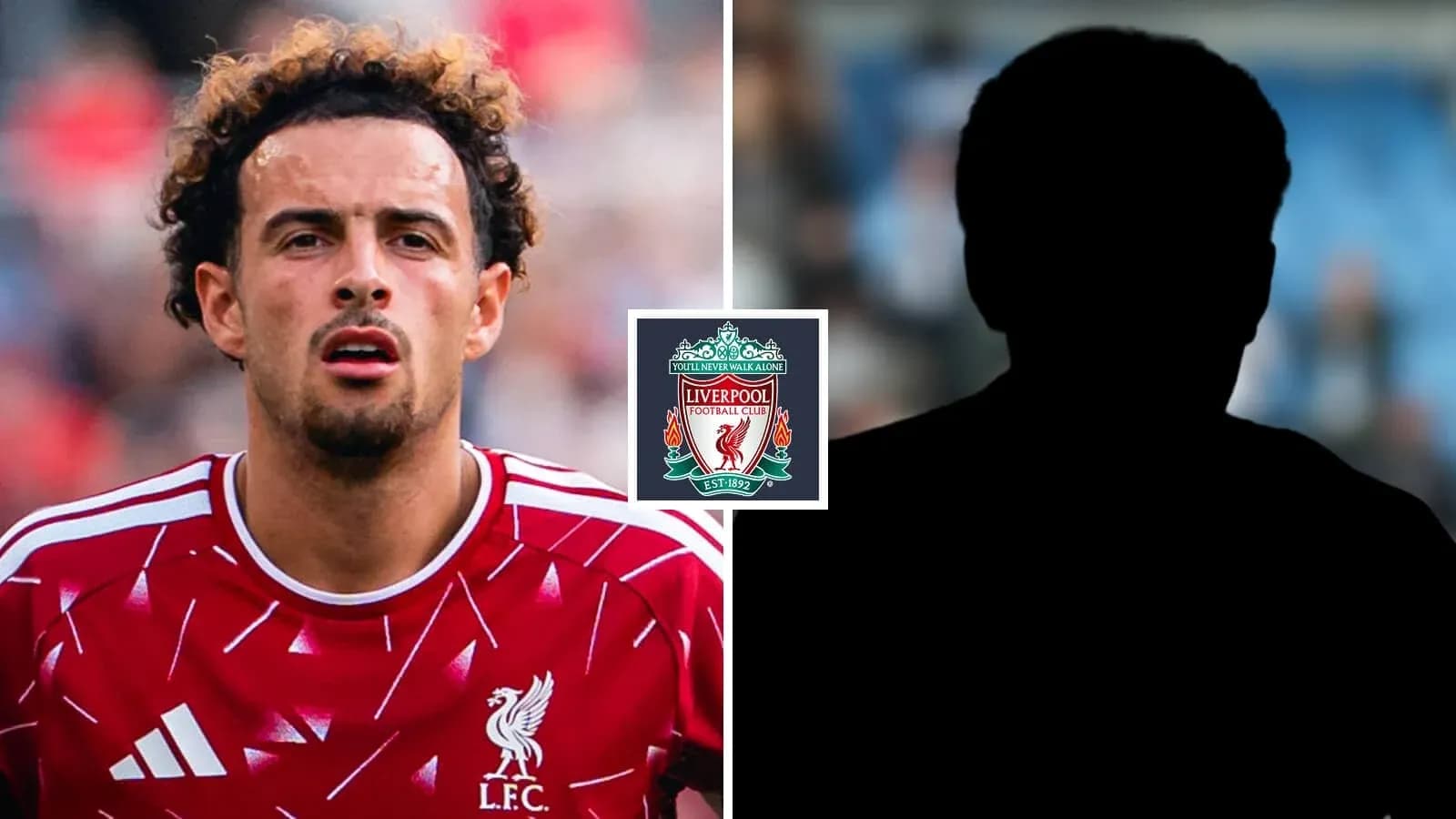 Liverpool player in red kit, silhouette on right