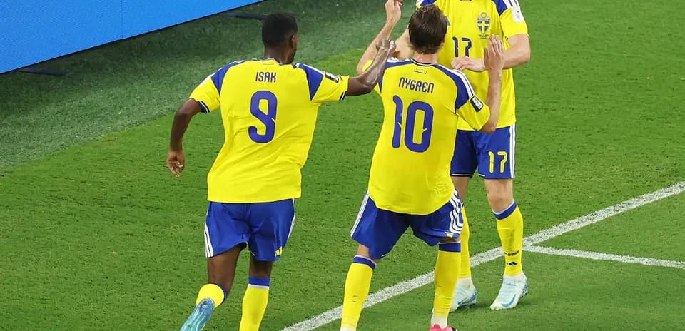 Sweden players celebrating a goal in match