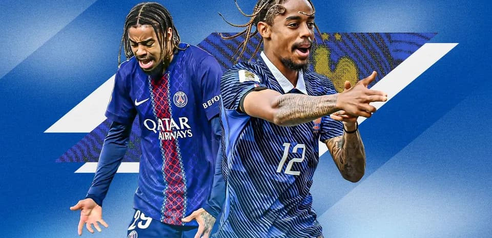 Two soccer players in different jerseys on blue background