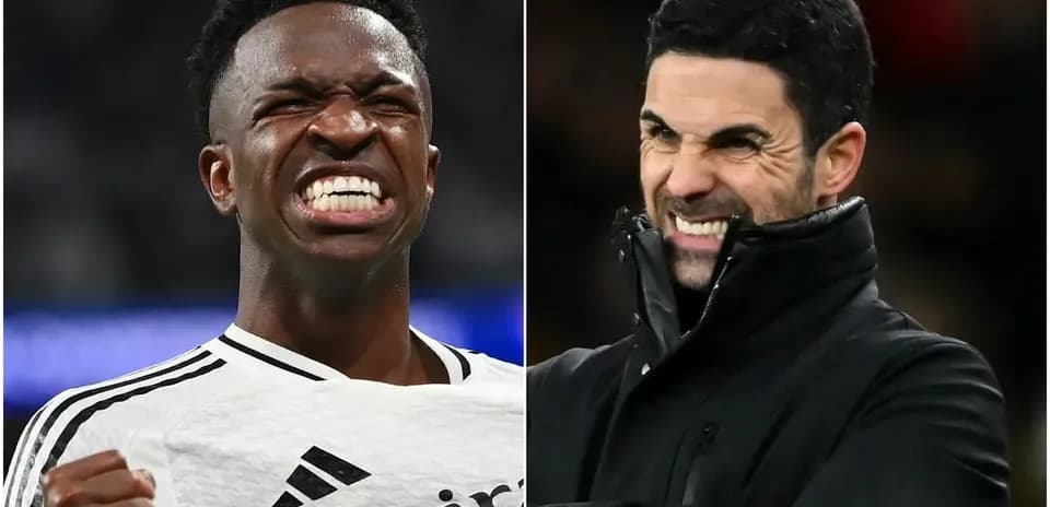 Vinicius Jr celebrating, Mikel Arteta reacting from sideline