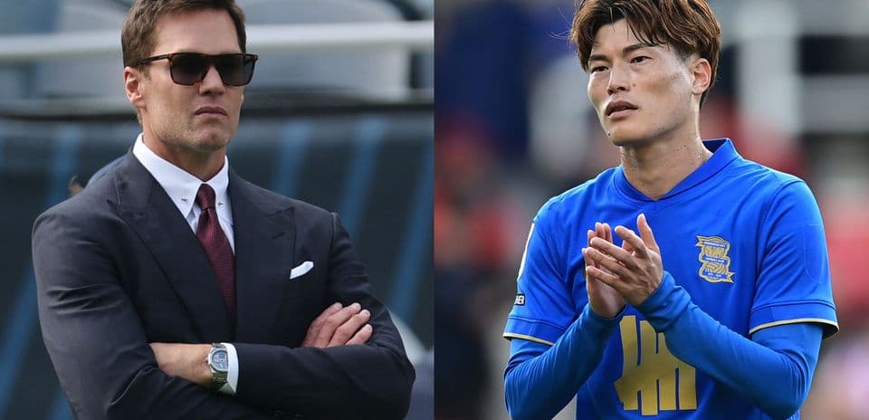 Two athletes: one in suit, one in football kit