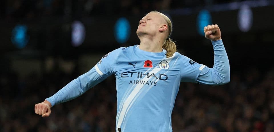 Erling Haaland celebrating a goal for Manchester City