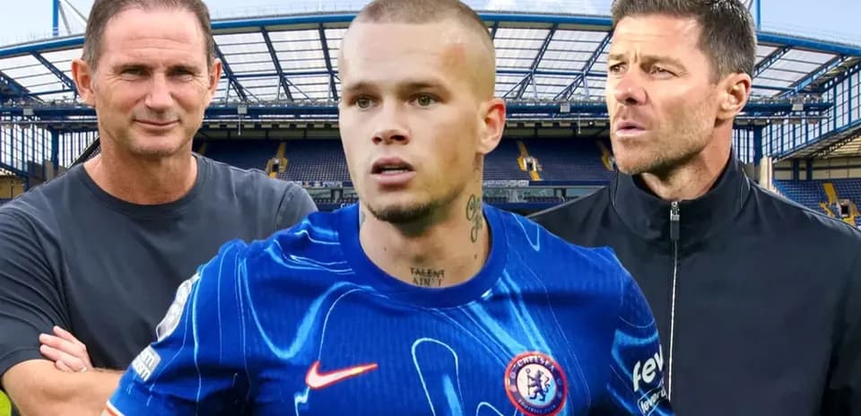 Three football figures at stadium with Chelsea kit